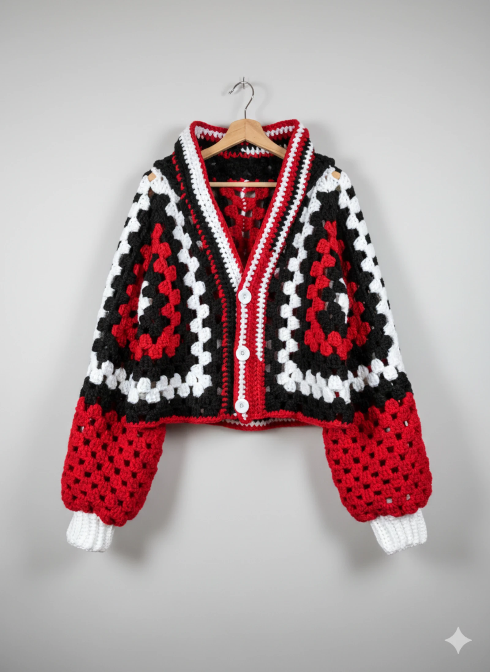 Cárdigan Cropped de Crochet Artesanal con Capucha – Estilo Granny Square (Rojo, Negro y Blanco) – photo 5